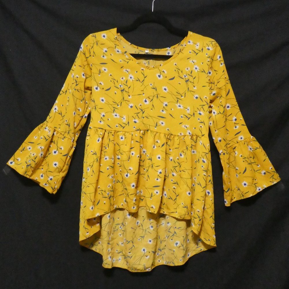 ROMWE | Mustard Floral Dress | size small | Flared Sleeves | Scoop Neck | NWOT